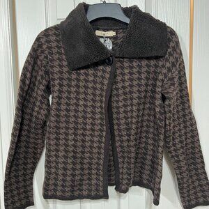 AIDA Cardigan Wm M Wool Blend Faux Fur Collar Button Open Front Brown Tweed NWT